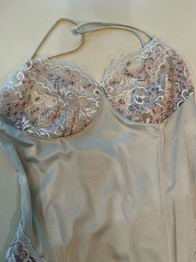 Lace-Trim Satin Chemise in Light Gray with Pink Accents